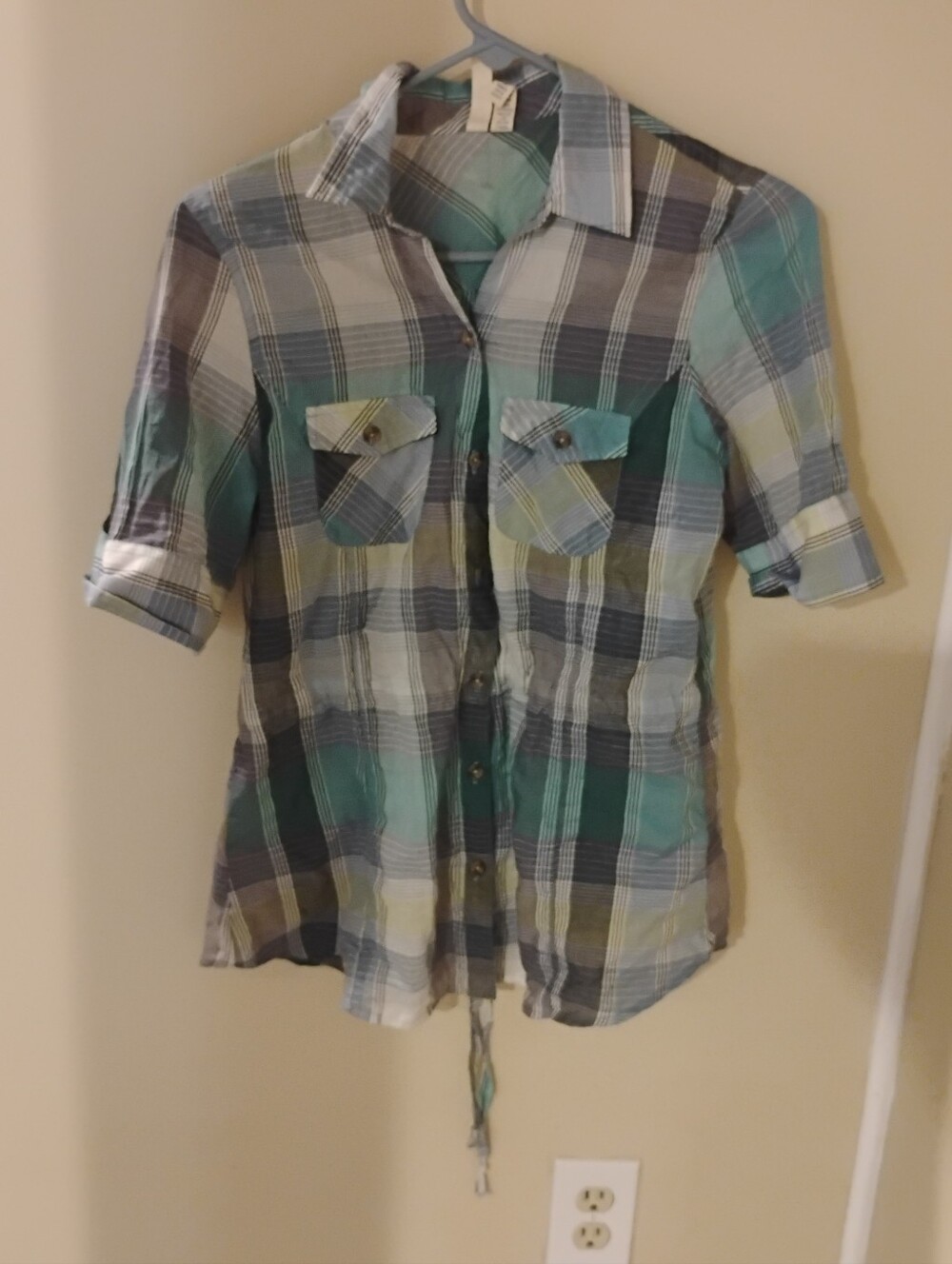 Vintage 2000s Girl Crazy Blue Plaid Button Down Collared Shirt Top